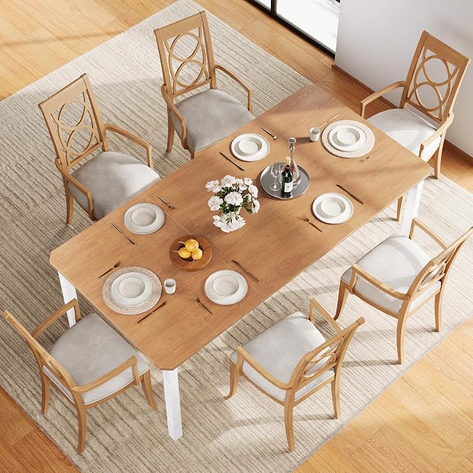 IDEALHOUSE 79" Dining Table for 6-8 People, Modern Rectangular Kitchen Table with Sturdy Metal Legs, Large Wood Farmhouse Dining Room Table for Home Office, Conference, White & Natural