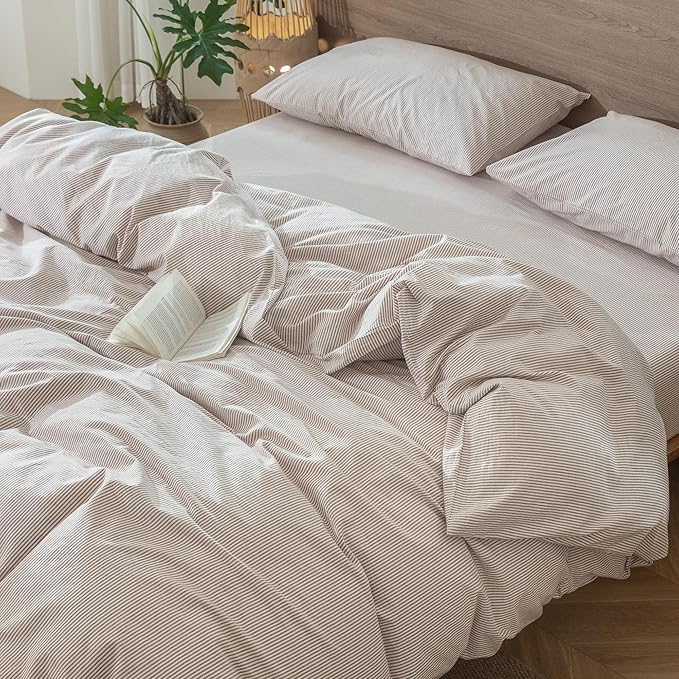 MooMee Striped Duvet Cover Set 100% Washed Cotton Linen Like Textured Breathable Durable Soft Comfy (Orange Pinstripes, Queen 90"x90")