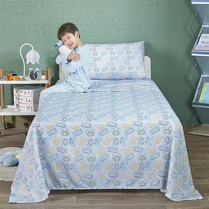 Viviland 3 Pieces Boys Grey Twin Sheet Set - Soft Microfiber Fitted Flat Sheets & Pillowcase - Game Player Paddle Printed Bedding Sets - for Kids & Toddlers