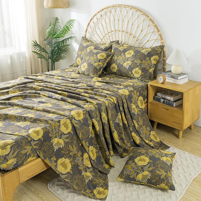 FADFAY Floral Sheets Set King Vintage Grey Yellow Floral Bedding Shabby Peony Farmhouse Bedding Super Soft Washed Double -Layer Muslin Sheets 100% Cotton Deep Pocket Fitted Sheet 4Pcs, King Size