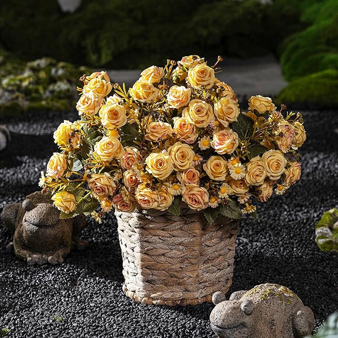 Artificial Rose Flowers for Outdoor 4 Bundles Rose Bouquet with Daisy Faux Flowers UV Resistant for Home Indoor Outside Garden Porch Window Box Balcony Yard Porch Fall Decor (Yellow)