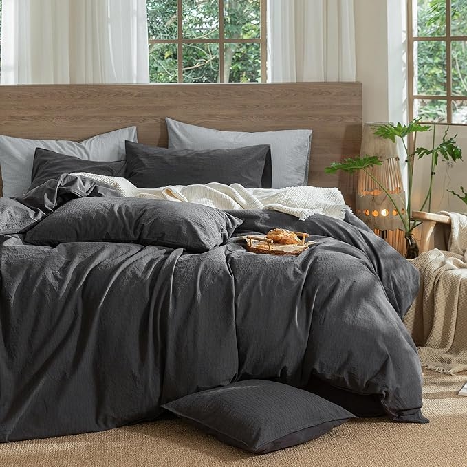 MooMee Wavy Striped Duvet Cover Set 100% Washed Cotton Linen Like Textured Breathable Durable Soft Comfy (Charocal Grey, Super King 108"x98")