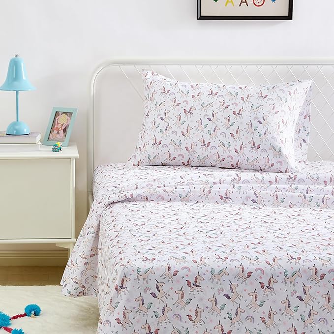 Amazon Basics Microfiber Kids' Sheet Set with Pillowcase, 3 Piece, Twin, Unicorn and Rainbow