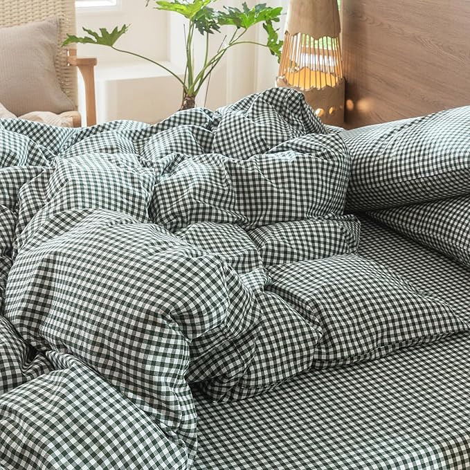 MooMee Gingham Duvet Cover Set 100% Washed Cotton Linen Like Textured Breathable Durable Soft Comfy Modern Checkered Design (Mini Gingham Forest Green, Cal King 104"x98")