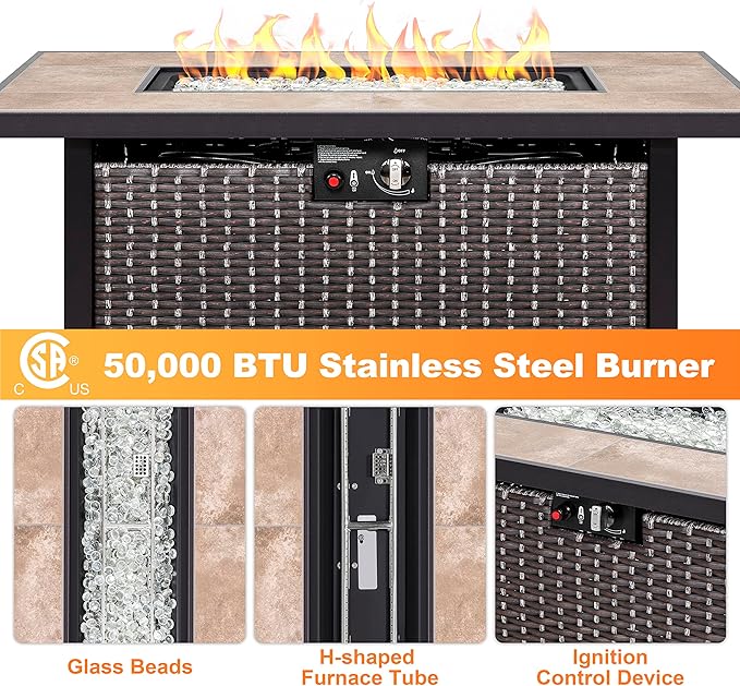 Nuu Garden Propane Fire Pit Table, CSA Certified 43 Inch 50,000 BTU Outdoor Gas Fire Pit Table with Ceramic Tabletop, 7 lbs Glass Stone and Oxford Cover, Dark Brown and Coffee