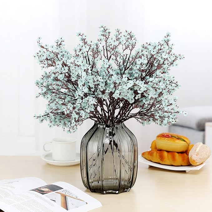 Babys Breath Silk Artificial Flowers Bulk With Vase 10pcs for Fall Decor Fake flower bouquet Bulk for Home Kitchen Indoor Bouquet Floral Arrangement Table Centerpieces Party Decor(Grey Blue)