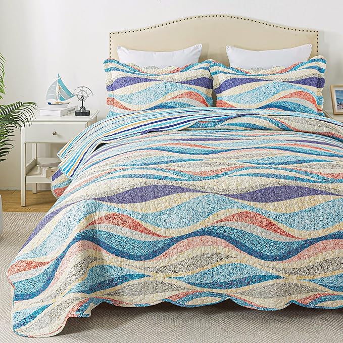 HoneiLife King Quilt Bedding Set - 3 Pieces Beach Quilt Sets Coastal Bedspreads Ocean Coverlets Microfiber Bed Cover All Season Quilts