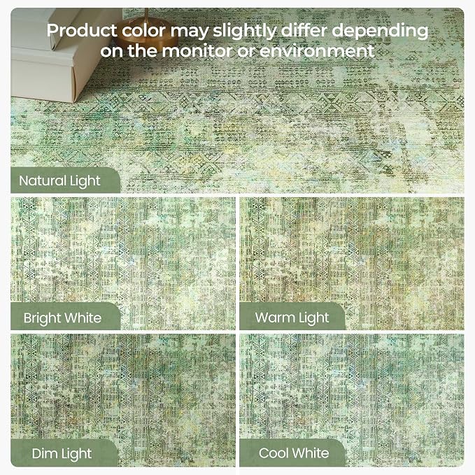 Kokia Abstract Green Area Rugs 8x10 Bedroom Soft Living Room Rugs Washable Distressed Vintage Comfy Carpet with Non-Slip Backing for Farmhouse Home Office Room Decor, Sage Green