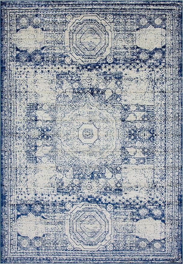 Unique Loom Bromley Collection Area Rug - Wells (10' x 14' 1" Rectangle, Ivory and Blue/ Ivory)