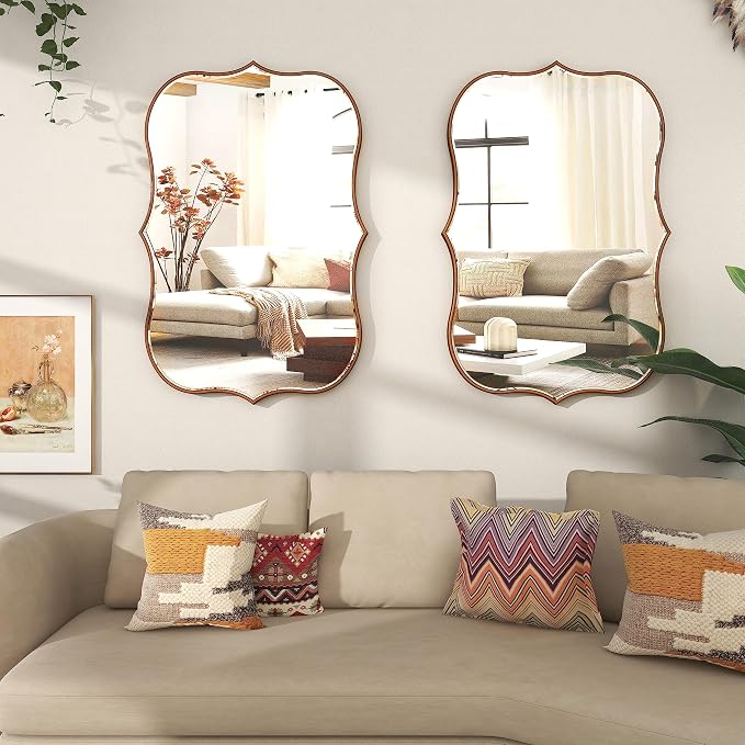 SHYFOY Antique Gold Mirrors for Wall Decor Decorative Wall Mirror Large 24" L x 36" W, Asymmetrical Wavy Accent Mirror with Scalloped Wood Frame, Bronze Farmhouse Traditional Mirror