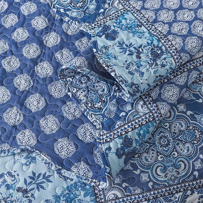 HoneiLife King Quilt Bedding Set - 3 Pieces Rustic Quilt Sets Microfiber Bedspreads Floral Coverlets Retro Bed Cover All Season Quilts-Blue