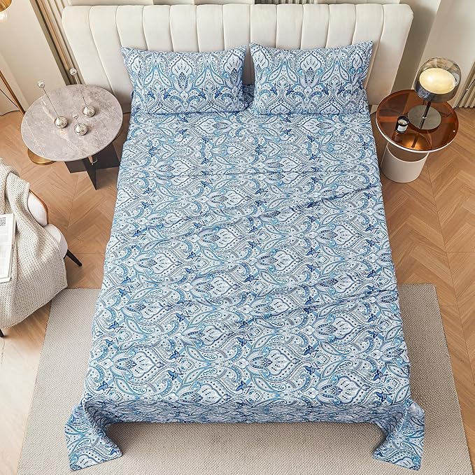 Softan Blue Paisley Printed Bed Sheets King Size, Floral Sheet Set King, Brushed Polyester Microfiber Fitted Sheet with 15" Deep Pocket & Non-Slip Straps, Blue Flower Patterned Sheet & Pillowcase Sets