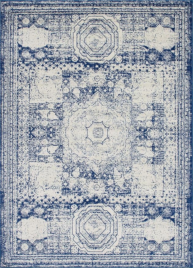 Unique Loom Bromley Collection Area Rug - Wells (9' x 12' 2" Rectangle, Ivory and Blue/ Ivory)