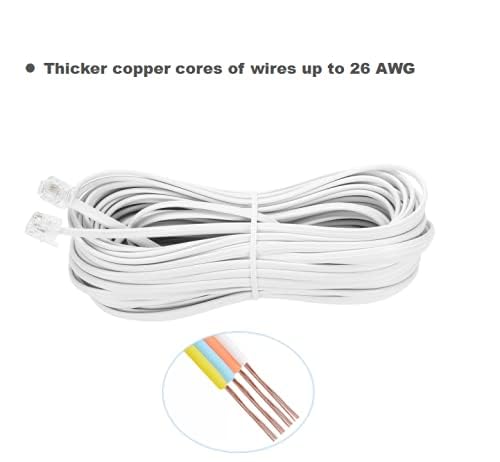 Skiennix 100 Feet Telephone Extension Cord - Standard RJ11 Plug with 1 Coupler & 30 Cable Clips | White