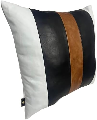 D DOLLY LAMB Lambskin Leather Pillow Cover - Sofa Cushion Case - Decorative Throw Covers for Living Room & Bedroom, 14x14 Inches - Black & Tan Pack of 1