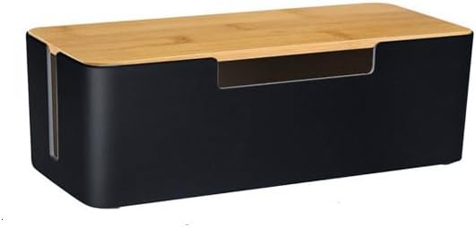 BUYSK ABS Cord Organizer Box with Wooden Lid, Cable Management Box for Power Strips or Surge Protectors, Desk Cable Tidy Box for Office Home(Black)