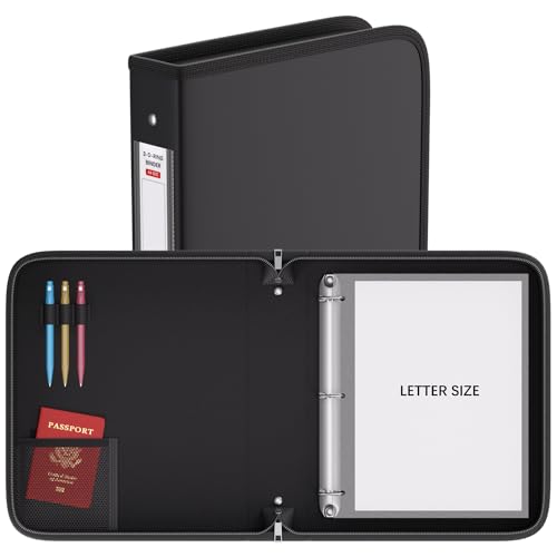 Fireproof 3 Ring Binder with Zipper, 1.5 Inch D Rings Hold up 375 Sheets of 8.5" x 11" (A4), Compatible with Clear Page Protectors, Built-in Net and Pen Holder(Black, 1 Pcs)