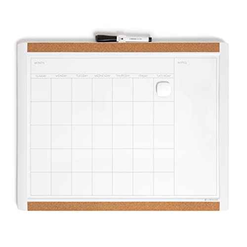 U Brands Magnetic Dry Erase Calendar White Board, 16" x 20", White Pin-It Frame, Includes Marker and Magnet