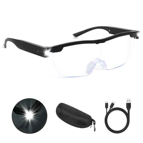 Magnifying Glasses with Light, 200% Magnification, USB Rechargeable LED Lighted Magnifying Glass, Anti Blue Light, Hands Free Head Magnifier Eyeglasses for Close Work, Hobbies, Reading, Craft£¨Black£©