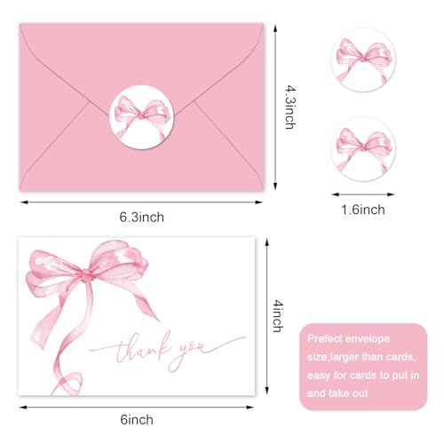Whaline 24Pcs Pink Bow Thank You Cards with Envelopes and Stickers Watercolor Bow Greeting Cards Pink Blank Note Cards for Wedding Birthday Bachelorette Baby Shower Party Supplies