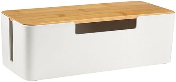 BUYSK ABS Cord Organizer Box with Wooden Lid, Cable Management Box for Power Strips or Surge Protectors, Desk Cable Tidy Box for Office Home(White)