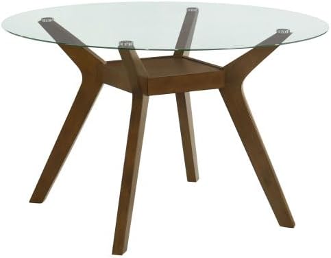 Round Glass Top Dining Table, Mid-Century Modern Style with Walnut Wood Base, Seats 4 People, Ideal for Small Dining Spaces