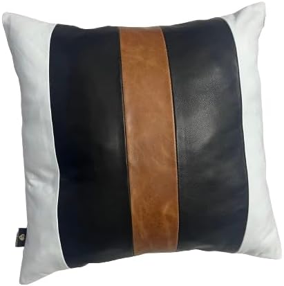 D DOLLY LAMB Lambskin Leather Pillow Cover - Sofa Cushion Case - Decorative Throw Covers for Living Room & Bedroom, 14x14 Inches - Black & Tan Pack of 1