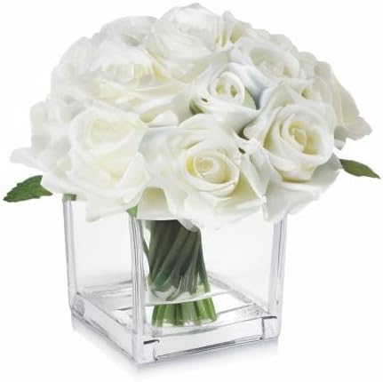 18 Heads Artificial Flowers in Vase with Fake Water, Faux Rose with Vase for Dining Table Bedroom Wedding Decor (Cream)
