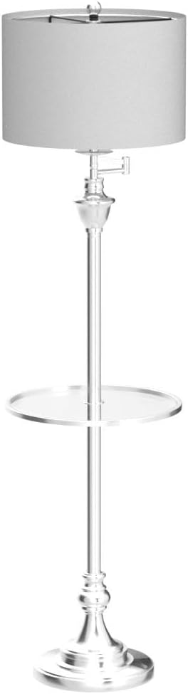 JONATHAN Y 60" Chrome Floor Lamp with Integrated Glass Side Table, Modern Swing Arm Standing Lamp for Living Room, White Linen Shade, LED Bulb Included (JYL3055B)