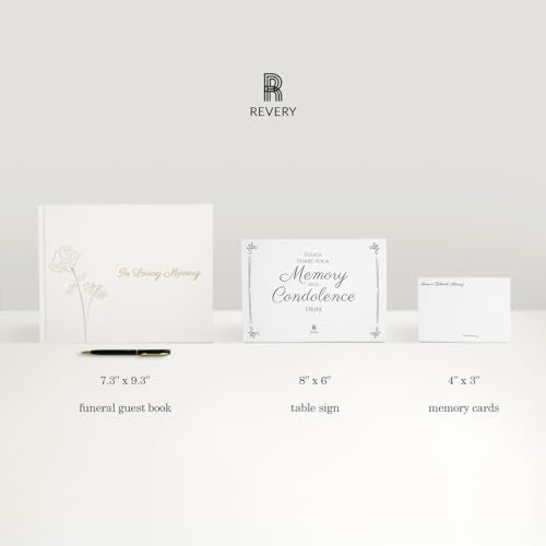 Revery Funeral Guest Book for Memorial Service - with Pen, Cards, Table Sign & Back Pocket, Guests Sign in Book in Loving Memory | Celebration of Life Memorial Service Guest Book, White Linen Cover