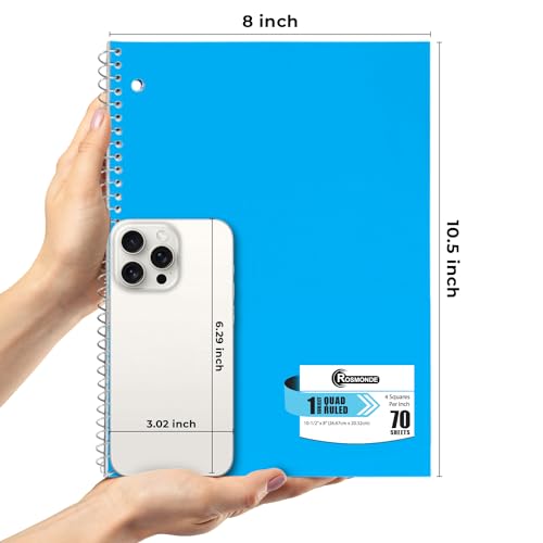 Rosmonde 1 Subject Graph Paper Spiral Notebook, 12 Pack, 70 Sheets (140 Pages), 8 x 10-1/2" Bulk 4x4 Spiral Bound Grid Notebooks, 3 Hole Punched Single Subject Quad Ruled Spiral Notebooks for School