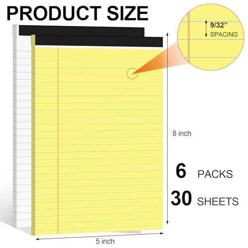 Utron 6 PCS Small Legal Pads 5x8 Yellow and White, Narrow Ruled Small Note Pads, Micro Perforated Writing Pad, College Ruled Legal Notepads 5x8 for Study, Office, To-Do Lists(30 Sheets/Small Notepad)