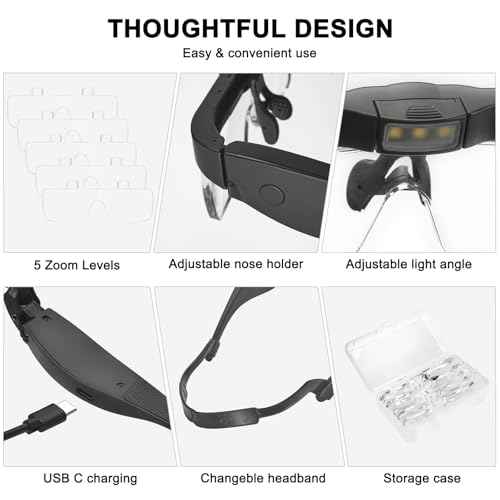Magnifying Glasses with 3 LED Lights with Light 0.75X to 4X, Rechargeable Magnifying Glasses Head Magnifier, Lighted Magnify Glass with 5 Detachable Lenses, Magnifier Headset for Close Work