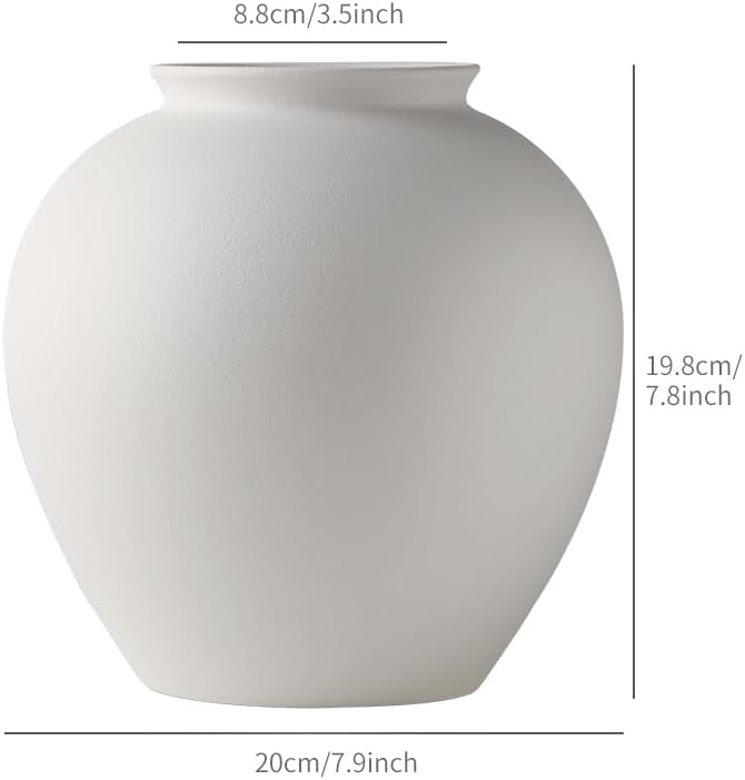 Large Matte White Ceramic Flower vase, Modern Centerpiece Table Decorations,Round Shape Rustic Ceramic vases for Home Decor Dining Room Decorative Jar (White, 0617)