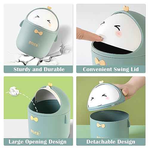 Cute Desktop Trash Can Wastebasket with 90 Trash Bags, Creative Mini Countertop Garbage Can with Lid, Small Plastic Storage Bin for Home Kitchen Dressing Office Kids Bedroom(Green)