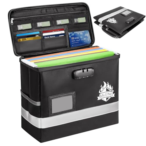 BALEINE Fireproof Document Box with Lock, Portable Fireproof Document Bag Waterproof Fire Proof File Boxes for Documents, File Organizer Box for Important Paperwork (Black, 12.5''x10.5''x6'')