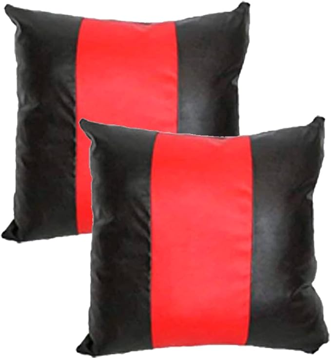 D DOLLY LAMB Lambskin Leather Pillow Cover - Sofa Cushion Case - Decorative Throw Covers for Living Room & Bedroom, 16x16 Inches - Red Black 01 Pack of 2