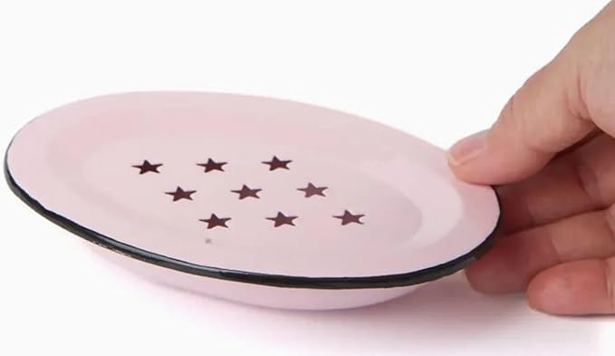 Enamel Soap Dish, Star Drip Tray- Oval 5.5 x 4 inch - Vintage Farmhouse Style (Pink)