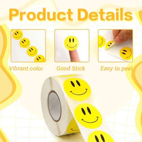 Smiley Face Stickers, 500PCS Happy Face Stickers, 1 Inch Yellow Happy Faces Decal Sticker for Kids, Self-Adhesive Incentive Reward Sticker Behavior Chart Decal for Students Teachers Classroom Supplies