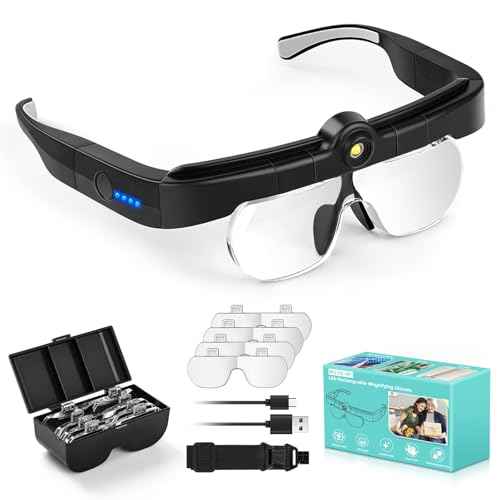 Magnifying Glass with Lights, Headband Hands Free Magnifying Glasses for Close Work, Flip-up Magnifier with 3 Color Temperature, 1.5X to 5.0X Lenses for Jewelry Crafts Soldering Repair (Black)