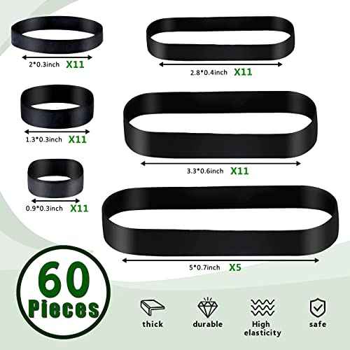 60 Mixed Count Heavy Duty Rubber Bands 6 Size Black Thick Wide Rubber Bands Assorted Size for Hiking Camping Survival Sports Supplies (Black)