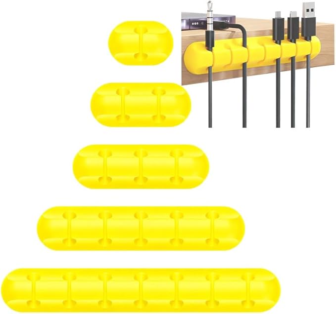 Cable Holder Clips，5 Packs Yellow Cable Management Cord Organizer Clips Silicone Self Adhesive for Desktop USB Charging Cable Nightstand Power Cord Mouse Cable Wire PC Office Home(7-5-3-2-1 Slots)