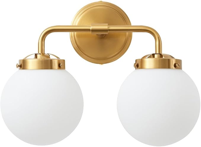Bathroom Vanity Light Fixtures Over Mirror, Modern Brass Gold 2 Lights Wall Sconce Lighting with Milky Glass Ball Shades, Mid Century Farmhouse Bathroom Lighting
