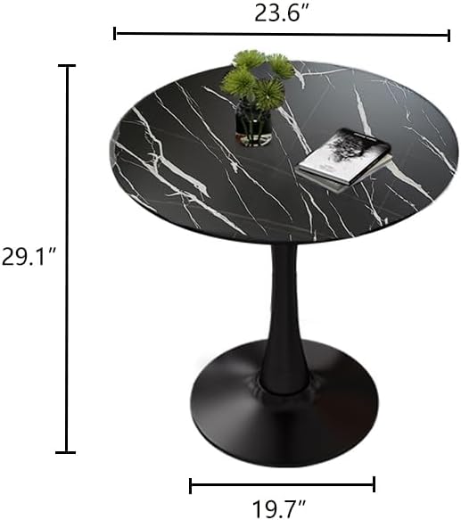 24" Tulip Table for 1-2 Persons Modern Round Dining Table, Mid-Century Modern Black Marble Small Kitchen Table with MDF Wooden Top, Leisure Coffee Table for Living Room, Dining Room, Office
