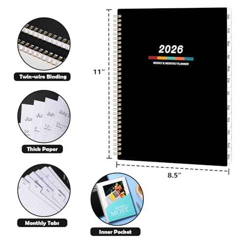 Planner 2026 ? Jan. 2026 - Dec. 2026, 2026 Planner Weekly and Monthly, 8.5" x 11", Calendar Planner 2026 with Monthly Tabs, Spiral Binding, Thick Paper - Classic Black