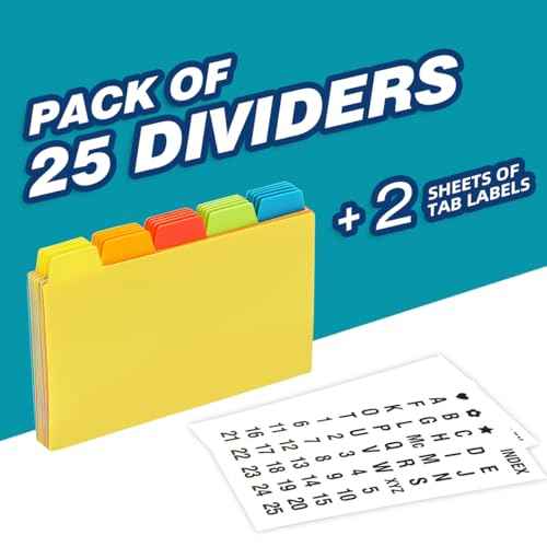 Chell 4x6 Plastic Index Card Dividers, Heavyweight Poly Index Card Guides A-Z for Flash Cards and Recipe Cards, with Alphabetical/Blank Stickers, Pack of 25