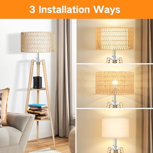 OUTON Boho Rattan Tripod Floor Lamp with Shelves, Dimmable Mid Century Modern Standing Lamp with Remote Control,Wood Tall Floor Lamps for Living Room Bedroom Office Farmhouse Bulb Included