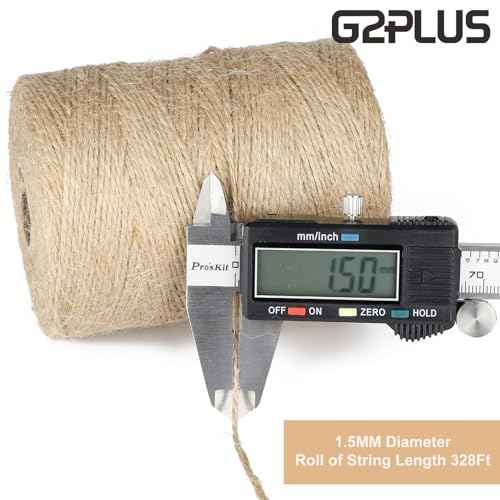 G2PLUS Natural Jute Twine, 1.5MM 984 Feet Gift Wrapping Twine String, 2 Ply Thin Brown Hemp String for DIY Arts & Crafts, Garden Plants, Crochet, Macrame, Christmas