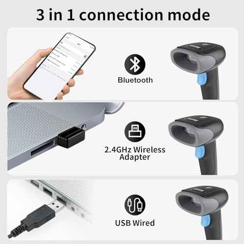 Wireless Barcode Scanner 1D QR Scanner Wireless Handheld Laser Bar Code Reader 3-in-1 with Bluetooth & 2.4G Wireless & USB Wired Works with iPad, Android Phone, iPhone, Laptop-U26