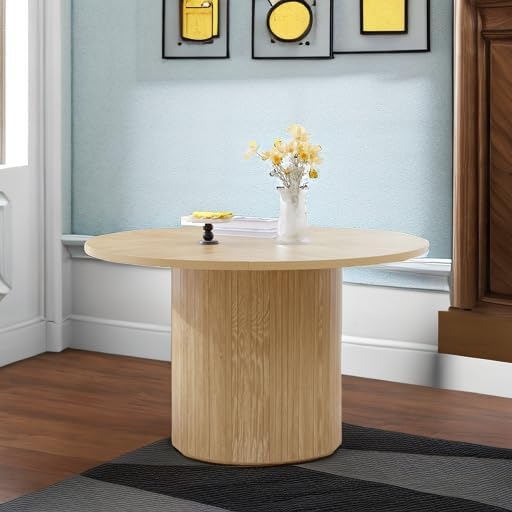 weselon Round Dining Table for 4, Modern Farmhouse Kitchen Table, 47 Inch Small Circle Dining Tables with Wood Strip Base for Kitchen Living Room (Natural)